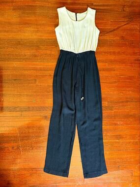 Vintage 70s Neutral Beige Black Gauzy Sleeveless Jumpsuit One Piece Boho Small